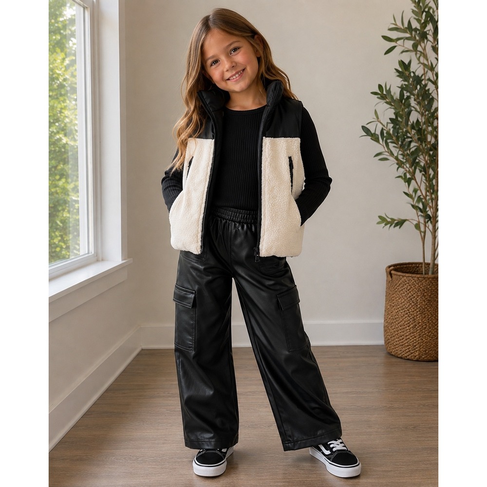 NWT Fashion Nova Kids 7/8 Faux Leather Cargo Pants Sherpa Puffer Vest Set